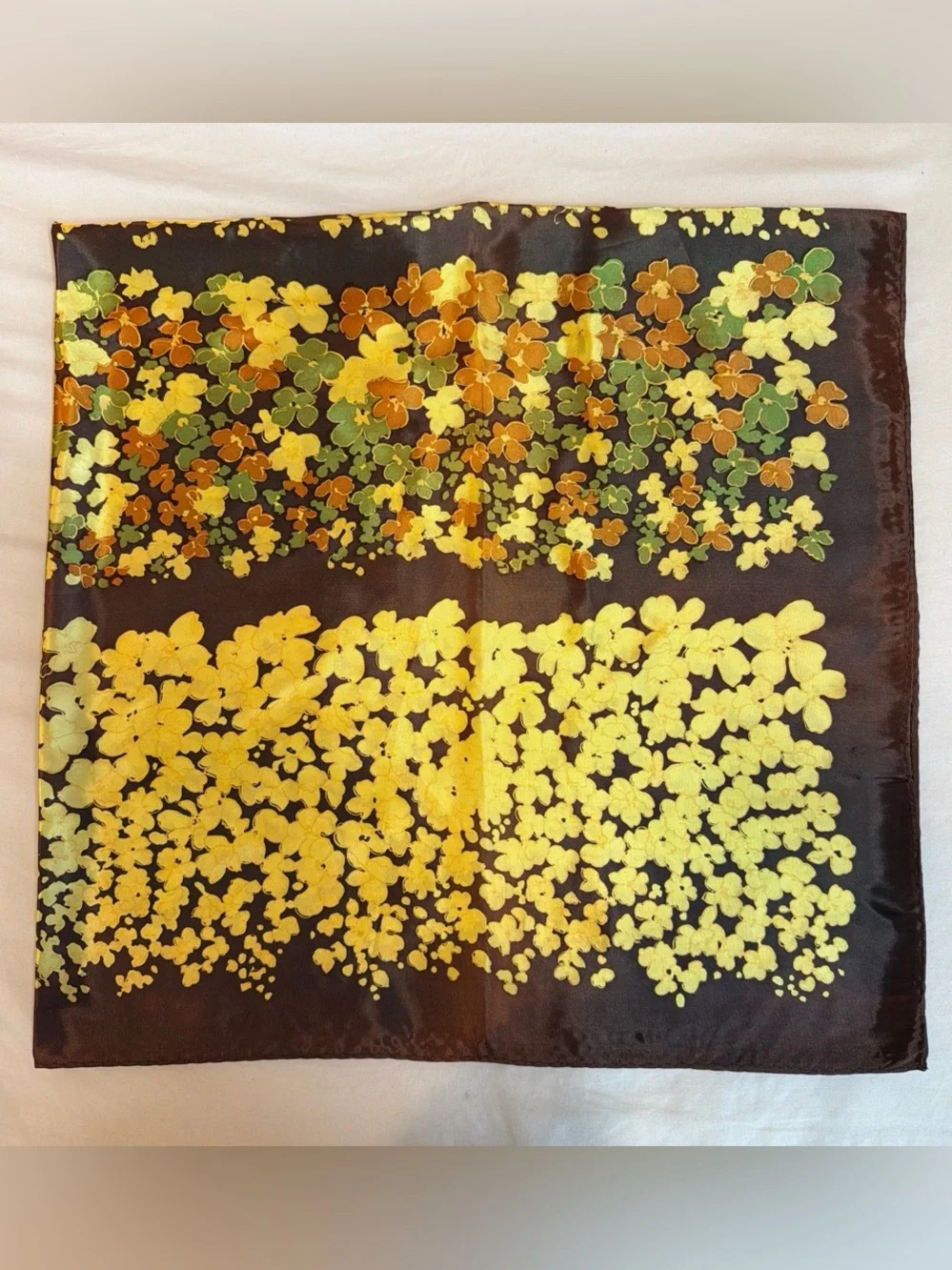Brown Floral Square Scarf with Yellow & Green Blossoms